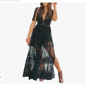Dresses | Eleter Womens Deep Vneck Lace Romper Short Sleeve Long Dress |  Poshmark